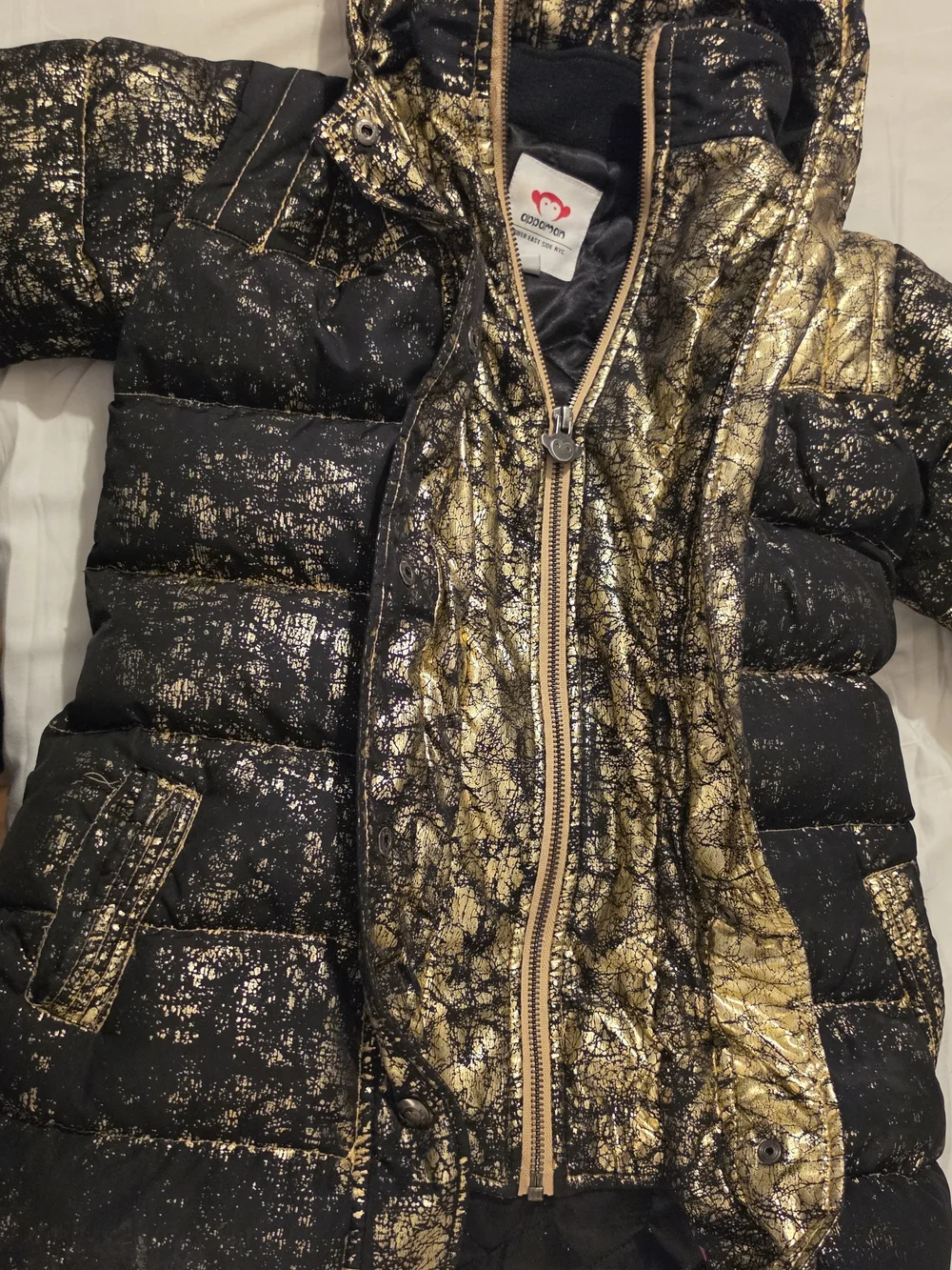Appaman Girls Size 7 Black Gold Foil Long Puffer Coat Hooded Metallic